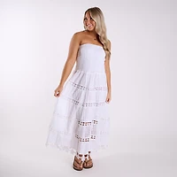 Shirred Schiffli Strapless Maxi Dress White