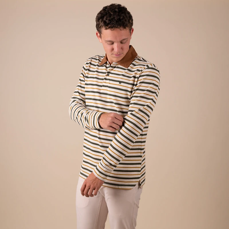 Men's Rugby Long Sleeve Polo Yellow Stripes