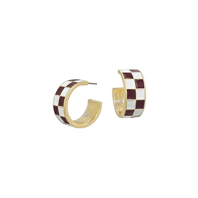 Burgundy and White Checkered Hoop Earrings