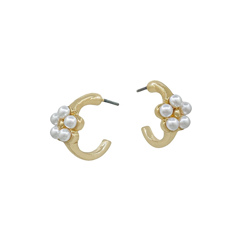 Pearl Flower Gold Huggie Earrings