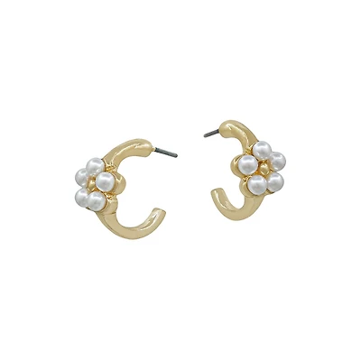 Pearl Flower Gold Huggie Earrings