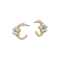Pearl Flower Gold Huggie Earrings