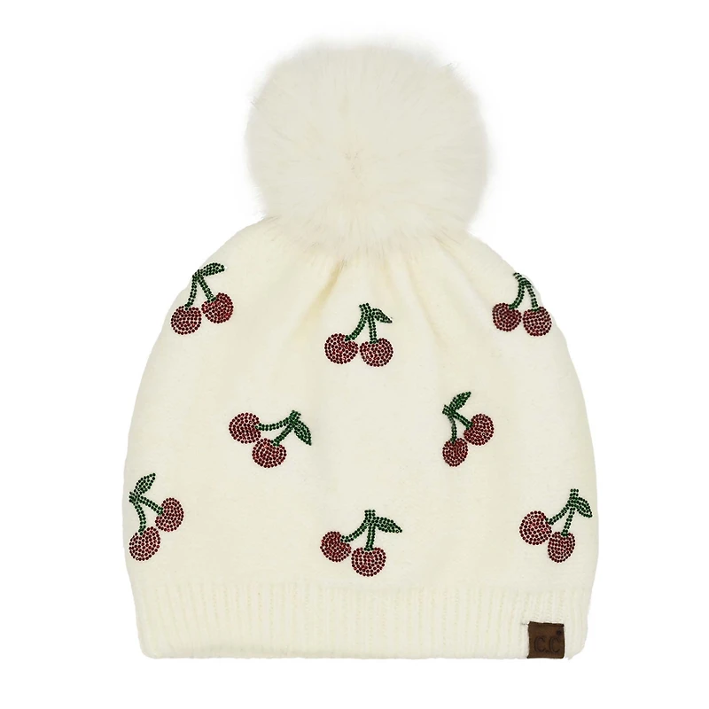 Cherry Embellished Pom CC Beanie