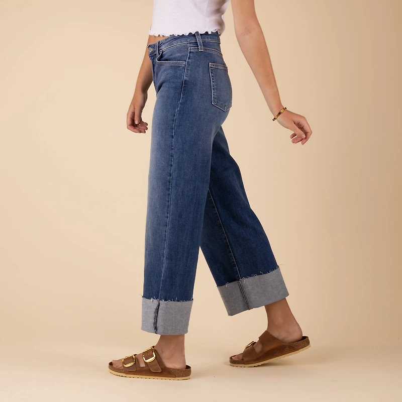 Cut Cuff Wide Leg Jeans Medium Wash