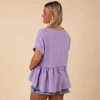 Short Sleeve Ribbed V-Neck Babydoll Top