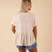 Short Sleeve Ribbed V-Neck Babydoll Top