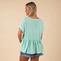 Short Sleeve Ribbed V-Neck Babydoll Top