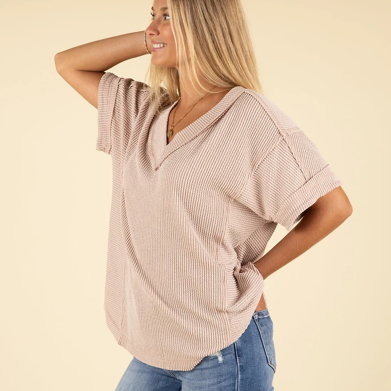 Ribbed V-Neck Short Sleeve Knit Top