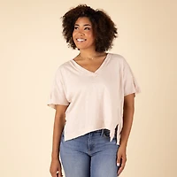 Short Sleeve Raw Edge V-Neck Top