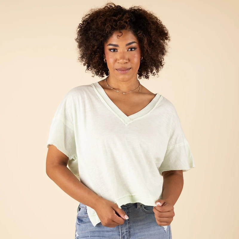 Short Sleeve Raw Edge V-Neck Top