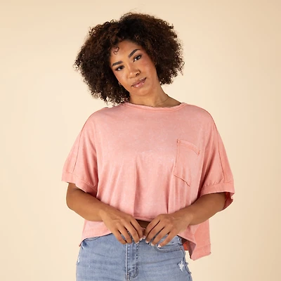 Boxy Pocket Short Sleeve Crop Top Peach