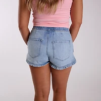 High Rise Ruffle Hem Light Wash Denim Shorts