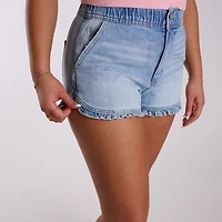 High Rise Ruffle Hem Light Wash Denim Shorts