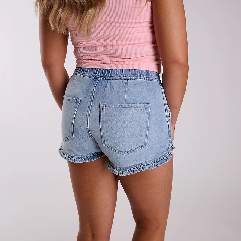 High Rise Ruffle Hem Light Wash Denim Shorts