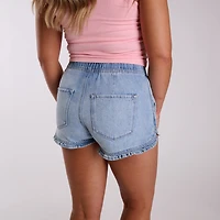 High Rise Ruffle Hem Light Wash Denim Shorts