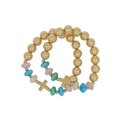Gold and Multi Color Beaded Cross Bracelet - 2 Pack