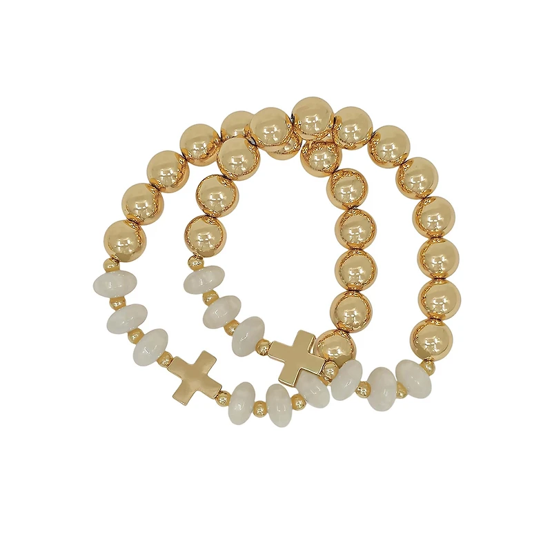 Gold and White Beaded Cross Bracelet - 2 Pack