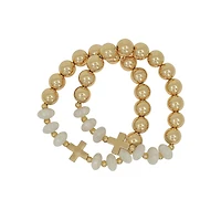 Gold and White Beaded Cross Bracelet - 2 Pack