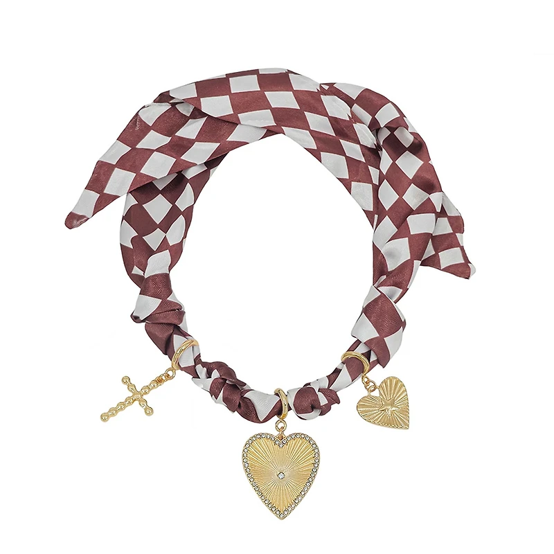 Burgundy and White Scarf Necklace with Charms