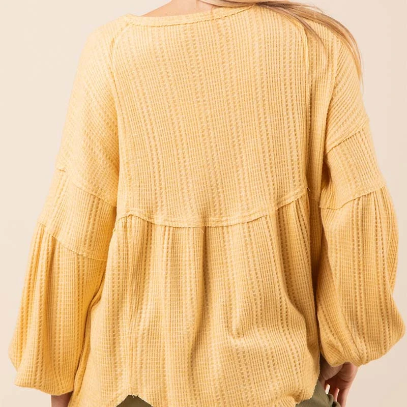 Waffle Knit Long Sleeve Babydoll Top