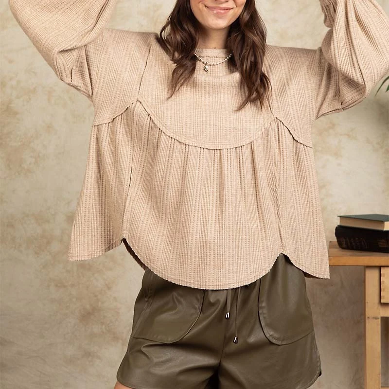 Waffle Knit Long Sleeve Babydoll Top