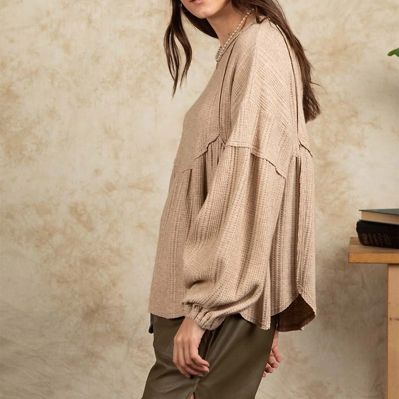 Waffle Knit Long Sleeve Babydoll Top