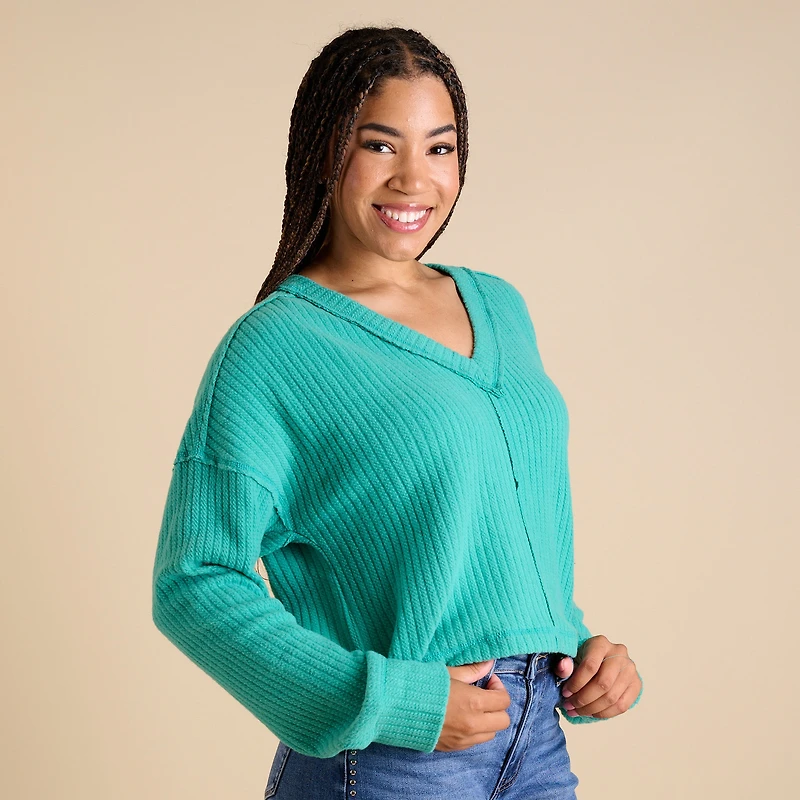 Ribbed V-Neck Cropped Sweater