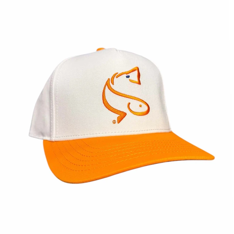 Charleston Angler Fish Emblem Trucker Hat in White and Orange