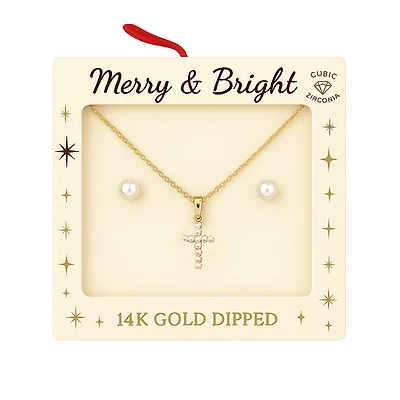 Pearl Cross Necklace with Earrings Set