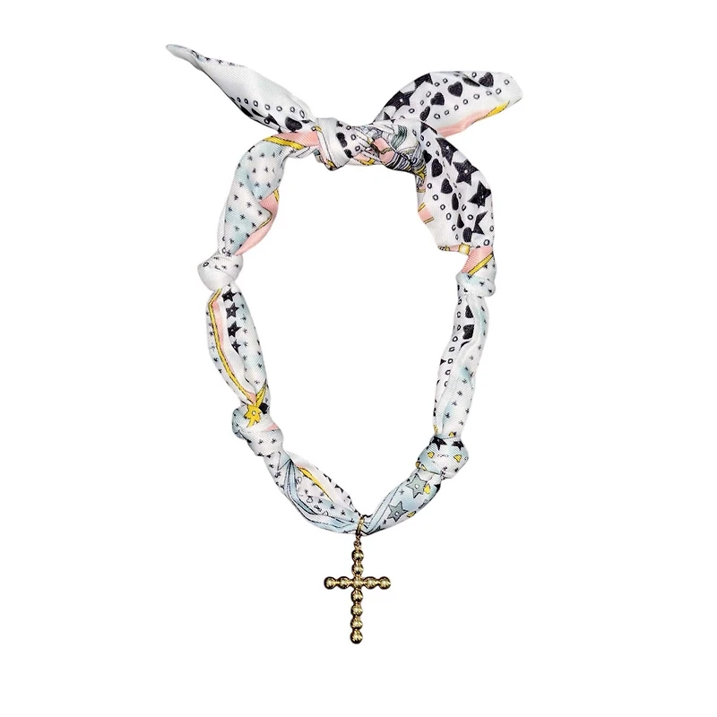 White and Light Blue Scarf Necklace with Cross