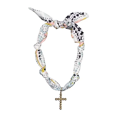 White and Light Blue Scarf Necklace with Cross