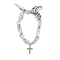 White and Light Blue Scarf Necklace with Cross