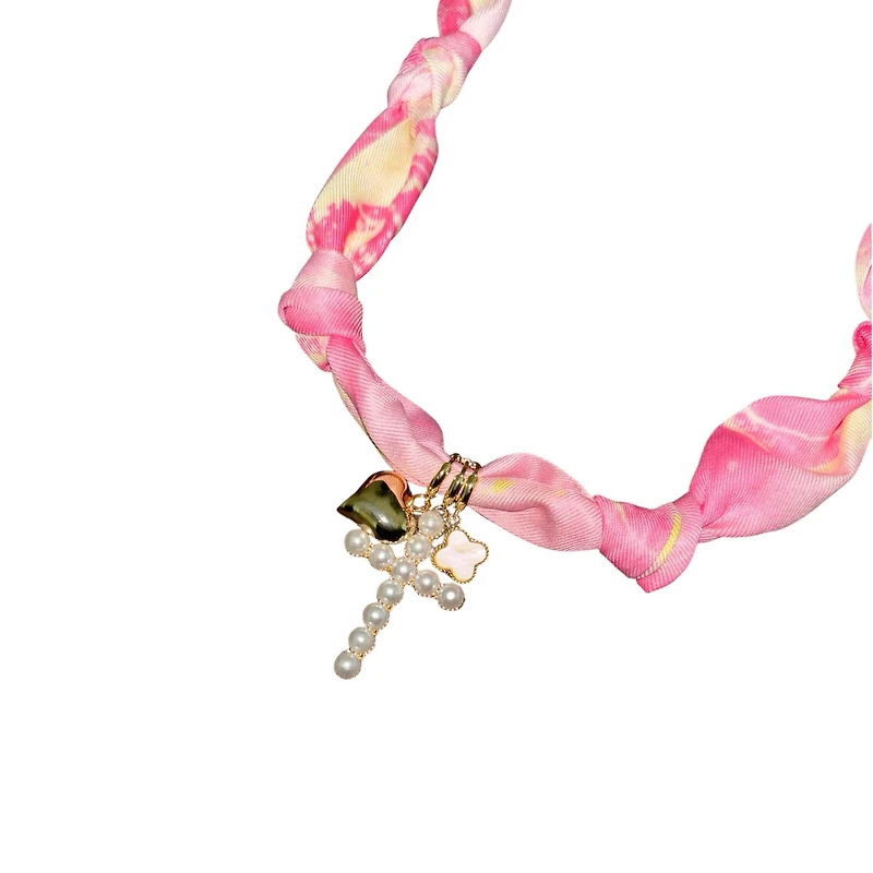 Pink Scarf Necklace with Charms