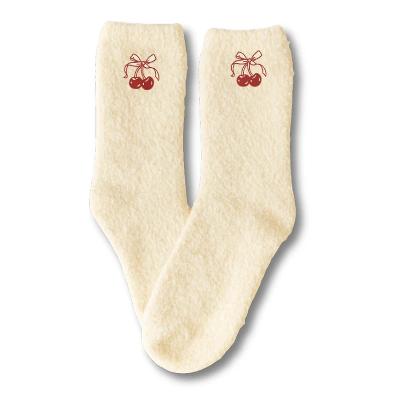 Cozy Embroidered Cherry Bow Icon Socks