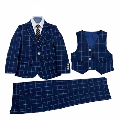 Ronaldo Navy Blue Plaid 5 pc Suit