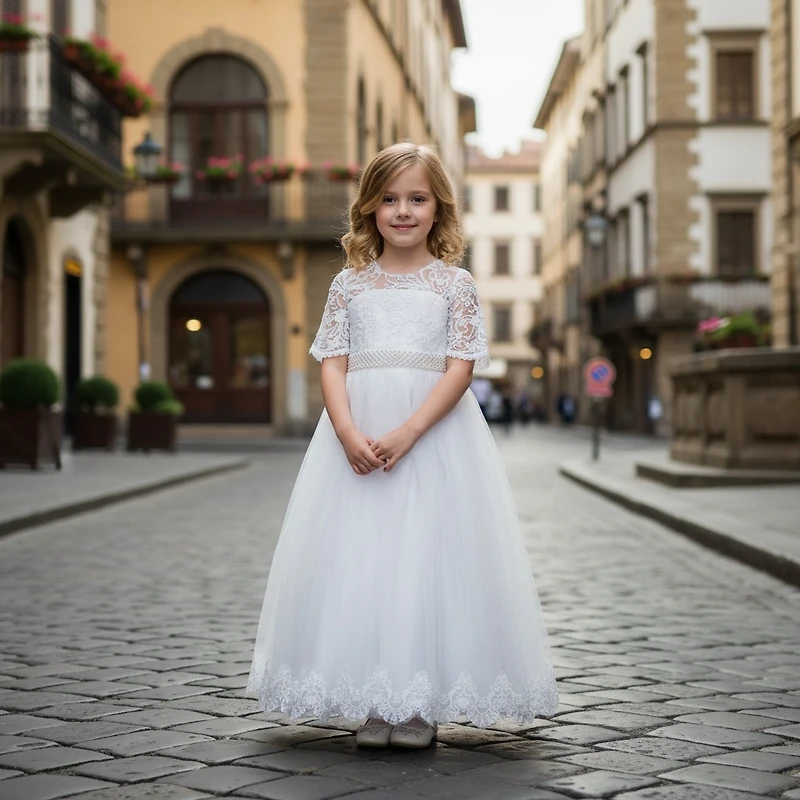 Paparazzi White Designer Flower Bud Bodice With Lace Sleeves