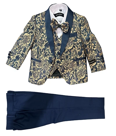 Ronaldo 5 pc Navy and Gold Jacquard Suit