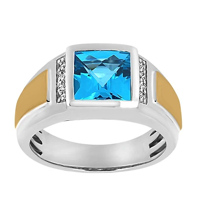 Ring with Blue Topaz and .10 Carat TW of Diamonds in 10kt White and Yellow Gold
