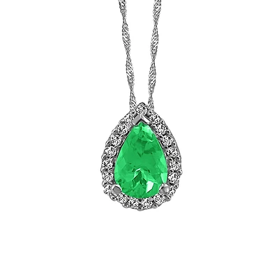 10KT White Gold Diamond and Emerald Pendant with Chain
