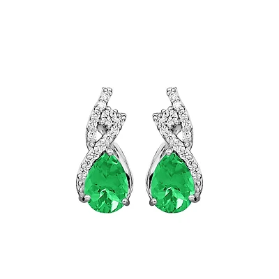Earrings with Cubic Zirconia and Created Emerald in Sterling Silver