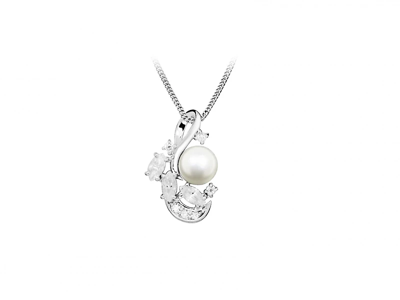 Pendant with Pearl and Cubic Zirconia in Sterling Silver with Chain