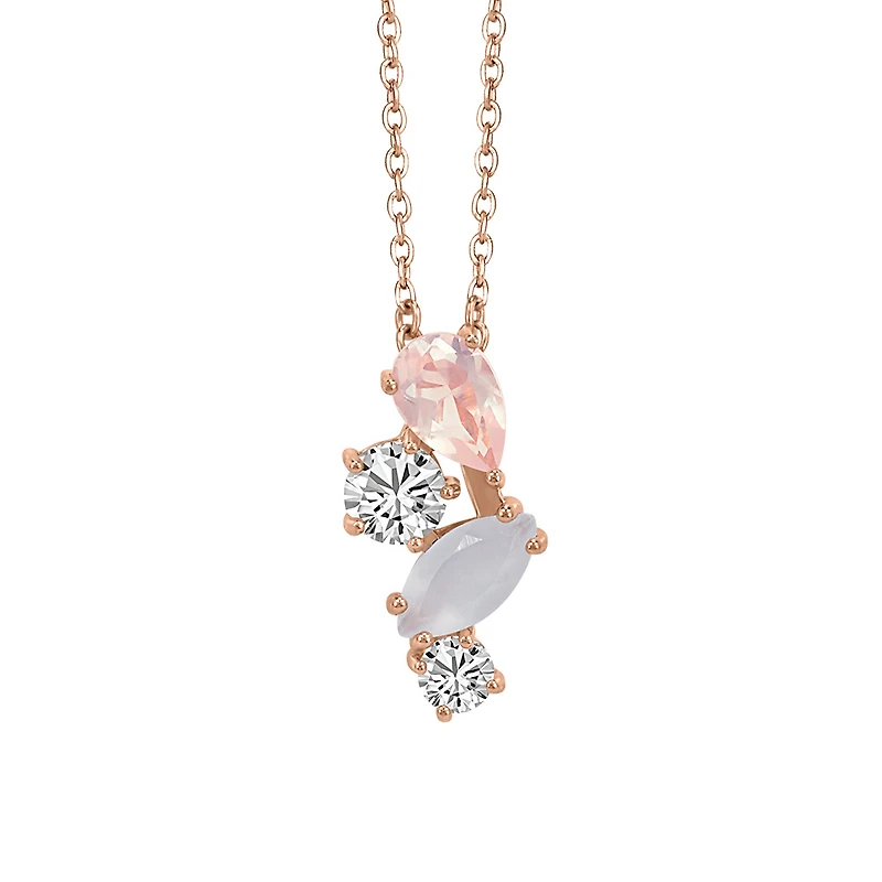 Pendant with White Topaz, Moonstone, and Rose Quartz in Rose Tone Sterling Silver with Chain
