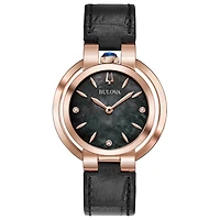 Bulova Women’s Rubaiyat Black Leather Strap Rose Tone Bezel Watch