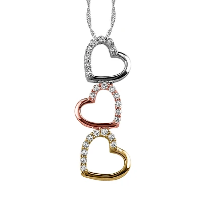 3 Heart Pendant with .20 Carat TW of Diamonds in 10kt White Yellow and Rose Gold with Chain