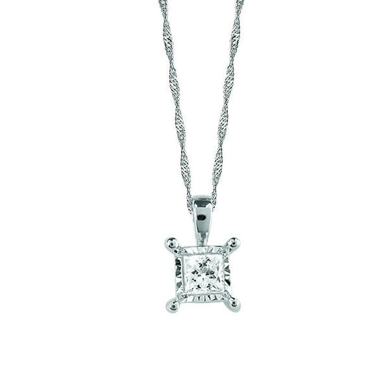 10KT White Gold .15 CTW Princess Cut Illusion Set Diamond Pendant with Chain