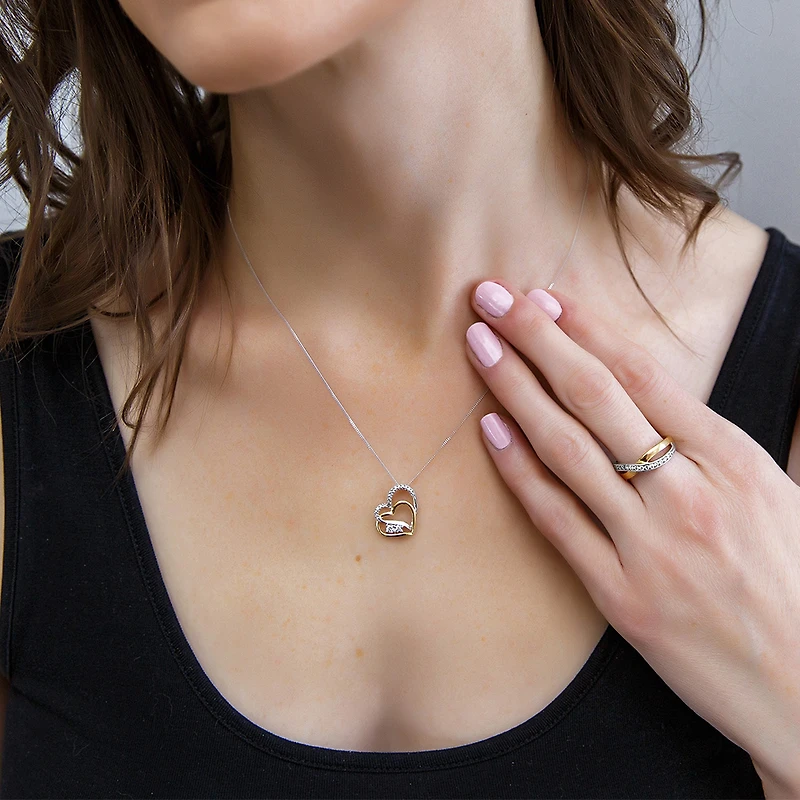 Heart Pendant with .13 Carat TW of Diamonds in 10kt White and Yellow Gold with Chain