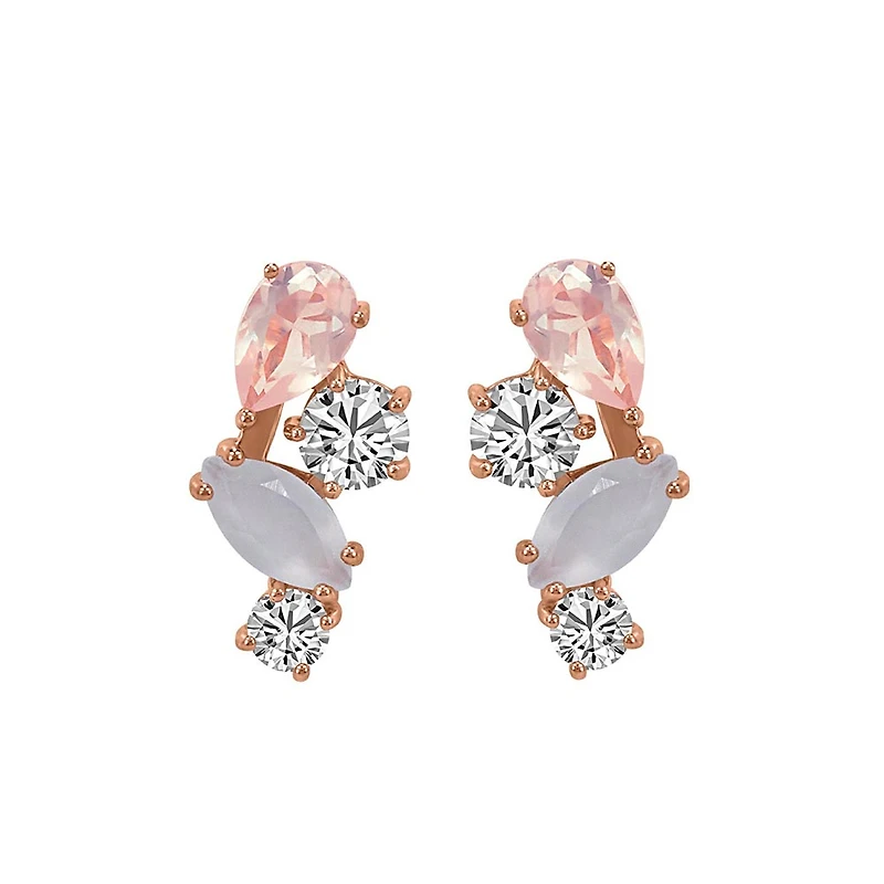 Earrings with White Topaz, Moonstone, and Rose Quartz Earrings in Rose Tone Sterling Silver