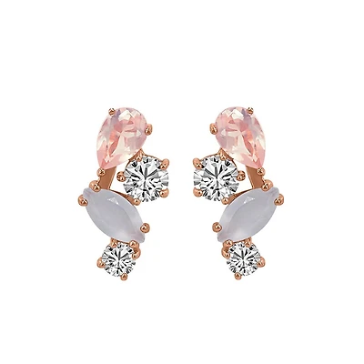 Earrings with White Topaz, Moonstone, and Rose Quartz Earrings in Rose Tone Sterling Silver