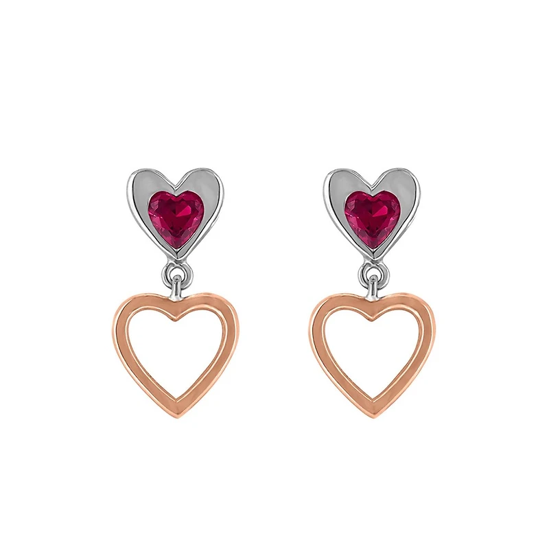 Heart Earrings with Created Ruby in Rose Tone and Sterling Silver