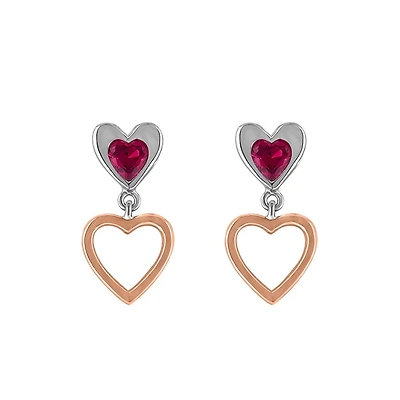 Heart Earrings with Created Ruby in Rose Tone and Sterling Silver